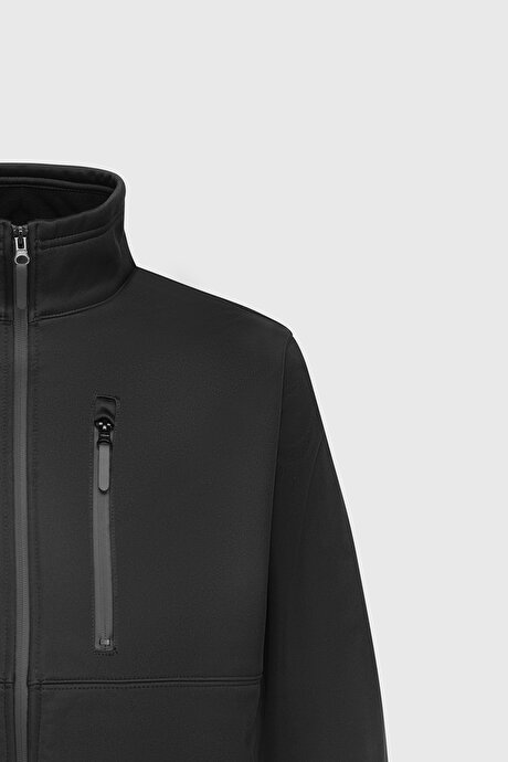 Sıcak Tutan Comfort Fit Rahat Kesim Dik Yaka Siyah Mont resmi