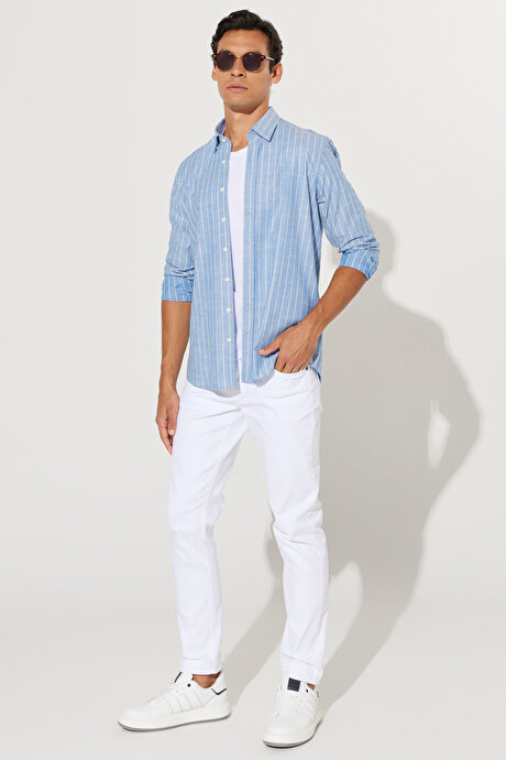 Slim Fit Dar Kesim Gizli Düğmeli Yaka %100 Pamuk Çizgili Mavi-Beyaz Gömlek resmi