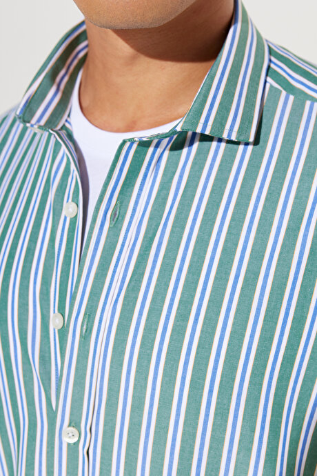 Slim Fit Dar Kesim Küçük İtalyan Yaka %100 Pamuk Çizgili Yeşil-Lacivert Gömlek resmi