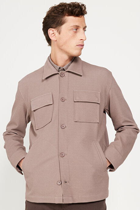 Oversize Bol Kesim Klasik Yaka Pamuklu Desenli Kışlık Koyu Bej Gömlek Ceket resmi