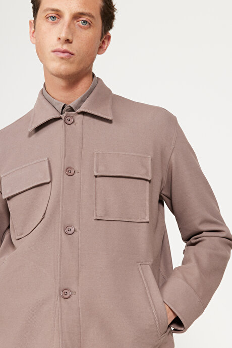 Oversize Bol Kesim Klasik Yaka Pamuklu Desenli Kışlık Koyu Bej Gömlek Ceket resmi