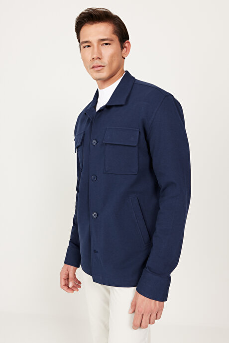 Oversize Bol Kesim Klasik Yaka Pamuklu Desenli Kışlık Lacivert Gömlek Ceket resmi