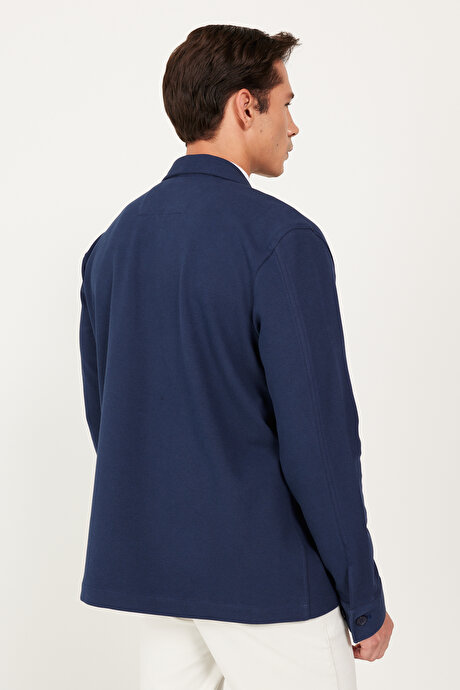 Oversize Bol Kesim Klasik Yaka Pamuklu Desenli Kışlık Lacivert Gömlek Ceket resmi