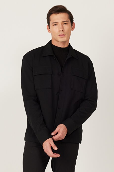 Oversize Bol Kesim Klasik Yaka Pamuklu Desenli Kışlık Siyah Gömlek Ceket resmi