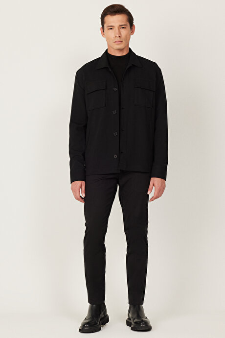 Oversize Bol Kesim Klasik Yaka Pamuklu Desenli Kışlık Siyah Gömlek Ceket resmi