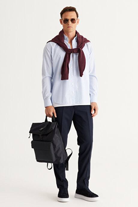 Slim Fit Dar Kesim Düğmeli Yaka Pamuklu Çizgili A.Mavi-Beyaz Gömlek resmi