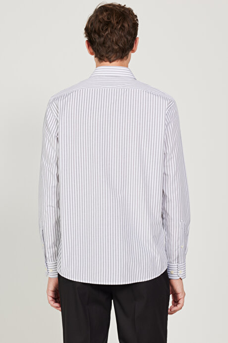 Slim Fit Dar Kesim Klasik Yaka Pamuklu Çizgili Beyaz-Antrasit Gömlek resmi