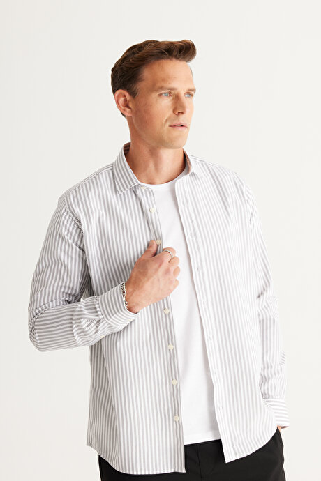 Slim Fit Dar Kesim Klasik Yaka Pamuklu Çizgili Beyaz-Antrasit Gömlek resmi