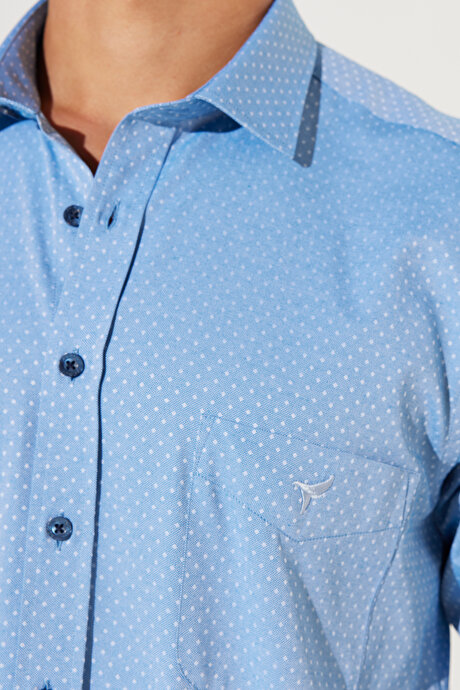 Slim Fit Dar Kesim Klasik Yaka Pamuklu Armürlü Mavi Gömlek resmi