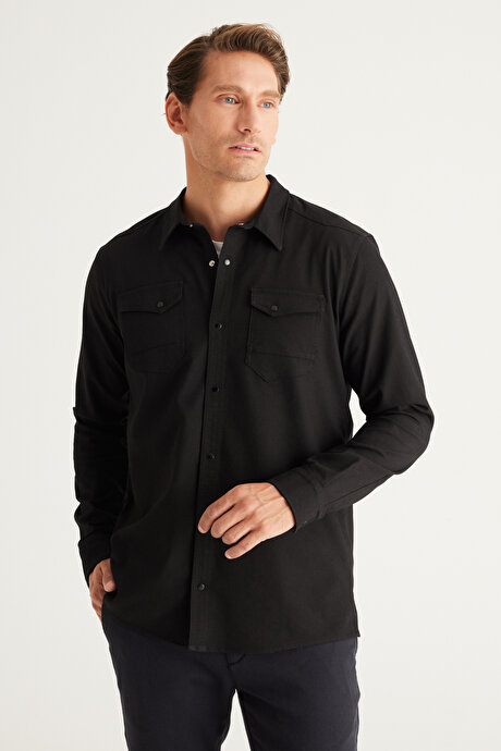 Slim Fit Dar Kesim Klasik Yaka Pamuklu Siyah Gömlek resmi