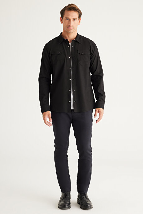 Slim Fit Dar Kesim Klasik Yaka Pamuklu Siyah Gömlek resmi