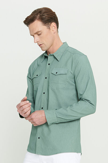 Slim Fit Dar Kesim Klasik Yaka Pamuklu Yeşil Gömlek resmi
