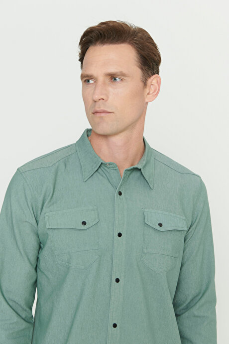 Slim Fit Dar Kesim Klasik Yaka Pamuklu Yeşil Gömlek resmi