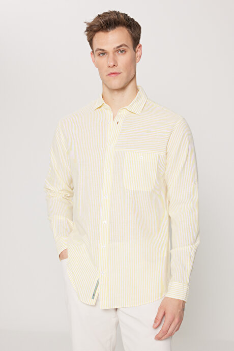 Keten Comfort Fit Rahat Kesim Klasik Yaka Çizgili Sarı-Beyaz Gömlek resmi