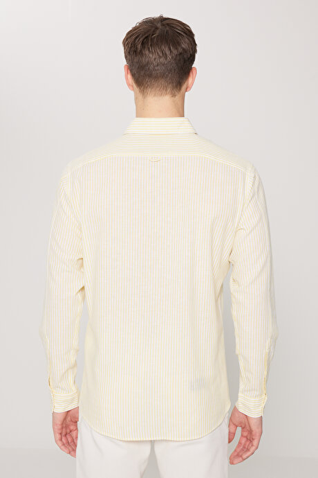 Keten Comfort Fit Rahat Kesim Klasik Yaka Çizgili Sarı-Beyaz Gömlek resmi