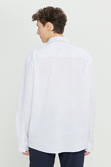 Oversize Bol Kesim Klasik Yaka %100 Pamuk Beyaz-Mavi Gömlek resmi