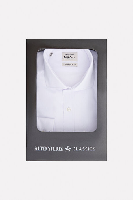 Özel Hediye Kutulu Slim Fit Dar Kesim Klasik Yaka Pamuklu Armürlü Beyaz Gömlek resmi