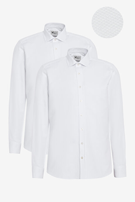 2'li Slim Fit Dar Kesim Pamuklu Klasik Yaka Armürlü Beyaz-Beyaz Gömlek resmi
