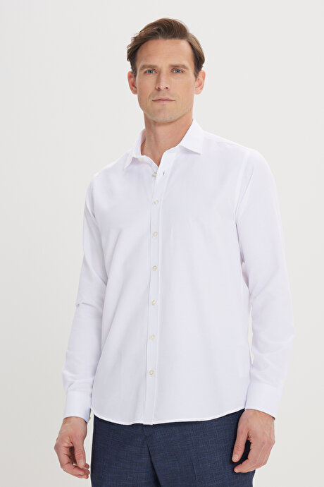 2'li Slim Fit Dar Kesim Pamuklu Klasik Yaka Armürlü Beyaz-Beyaz Gömlek resmi