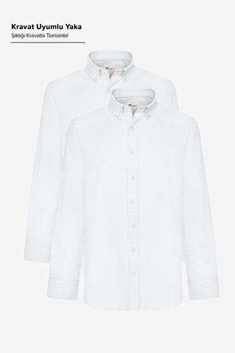 2'li Paket Pamuklu Kolay Ütülenebliir Slim Fit Dar Kesim Düğmeli Yaka Oxford Beyaz Gömlek resmi