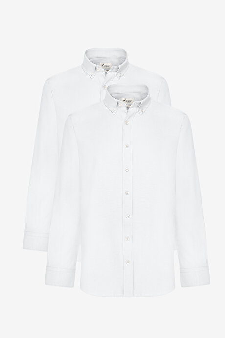 2'li Paket Pamuklu Kolay Ütülenebliir Slim Fit Dar Kesim Düğmeli Yaka Oxford Beyaz Gömlek resmi