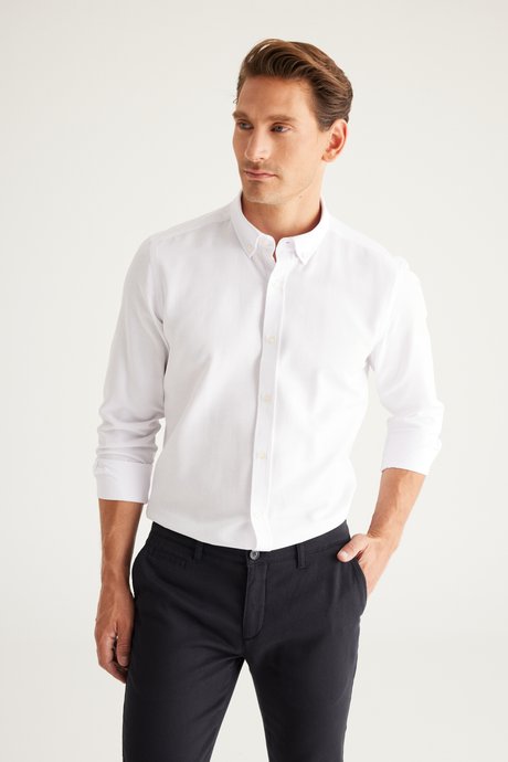 2'li Paket Pamuklu Kolay Ütülenebliir Slim Fit Dar Kesim Düğmeli Yaka Oxford Siyah-Beyaz Gömlek resmi