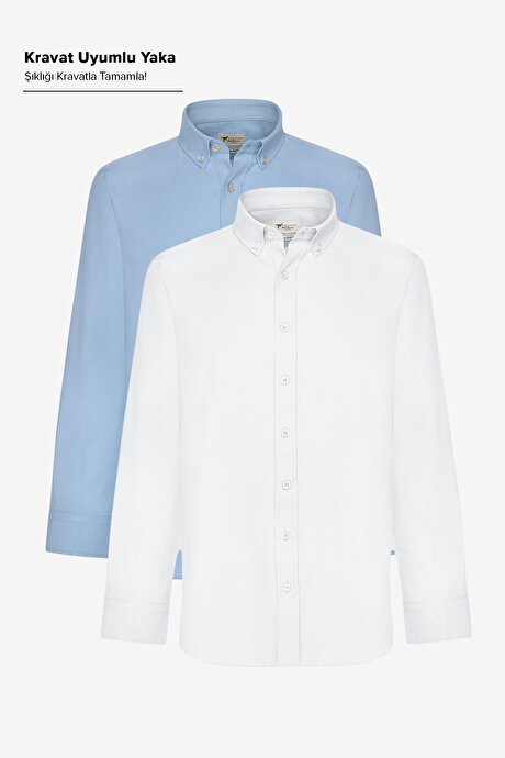 2'li Paket Pamuklu Kolay Ütülenebliir Slim Fit Dar Kesim Düğmeli Yaka Oxford Beyaz - Mavi Gömlek resmi