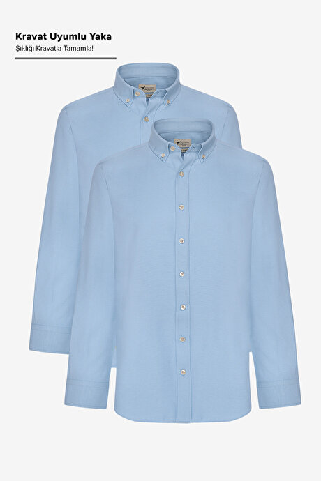 2'li Paket Pamuklu Kolay Ütülenebliir Slim Fit Dar Kesim Düğmeli Yaka Oxford Mavi Gömlek resmi