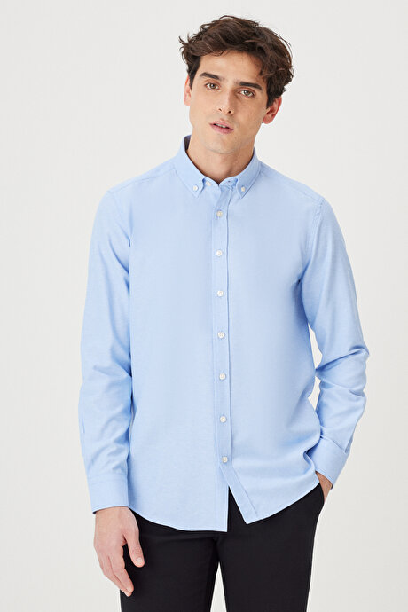 2'li Paket Pamuklu Kolay Ütülenebliir Slim Fit Dar Kesim Düğmeli Yaka Oxford Mavi Gömlek resmi