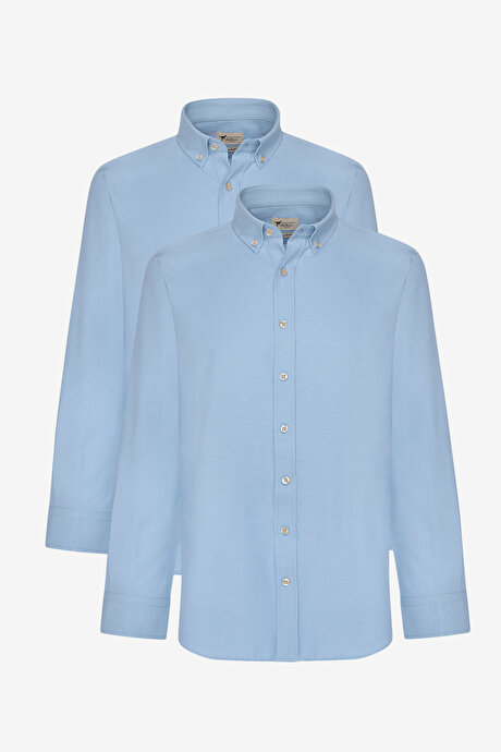 2'li Paket Pamuklu Kolay Ütülenebliir Slim Fit Dar Kesim Düğmeli Yaka Oxford Mavi Gömlek resmi