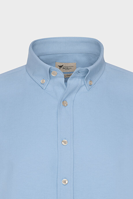 2'li Paket Pamuklu Kolay Ütülenebliir Slim Fit Dar Kesim Düğmeli Yaka Oxford Mavi Gömlek resmi