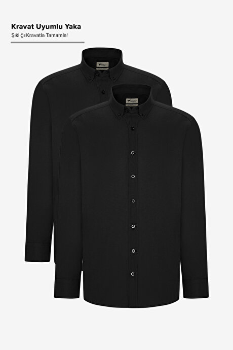 2'li Paket Pamuklu Kolay Ütülenebliir Slim Fit Dar Kesim Düğmeli Yaka Oxford Siyah Gömlek resmi