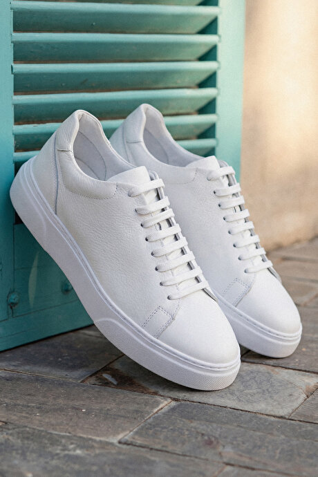 %100 Deri Rahat Taban Esnek Sneaker Beyaz Ayakkabı resmi