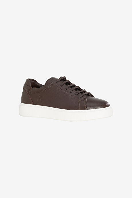 %100 Deri Rahat Taban Esnek Sneaker Kahverengi Ayakkabı resmi