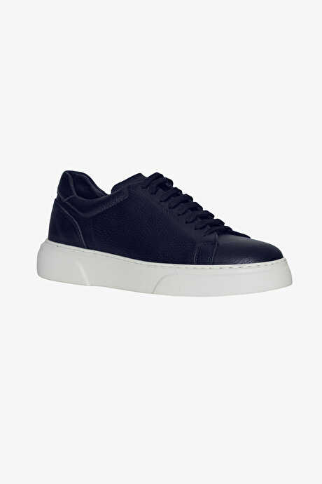%100 Deri Rahat Taban Esnek Sneaker Lacivert Ayakkabı resmi
