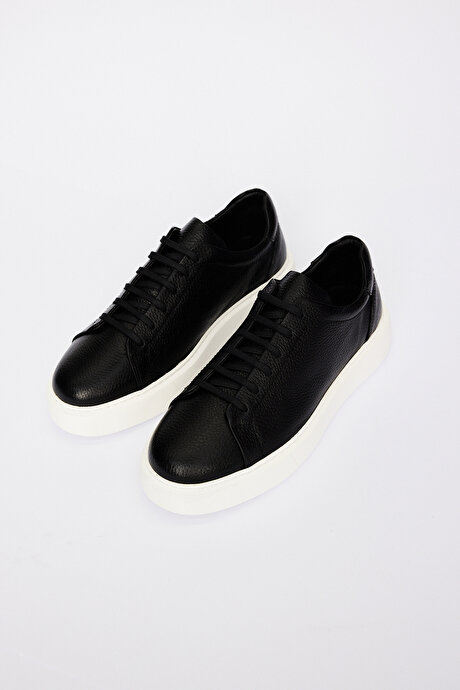 %100 Deri Rahat Taban Esnek Sneaker Siyah Ayakkabı resmi