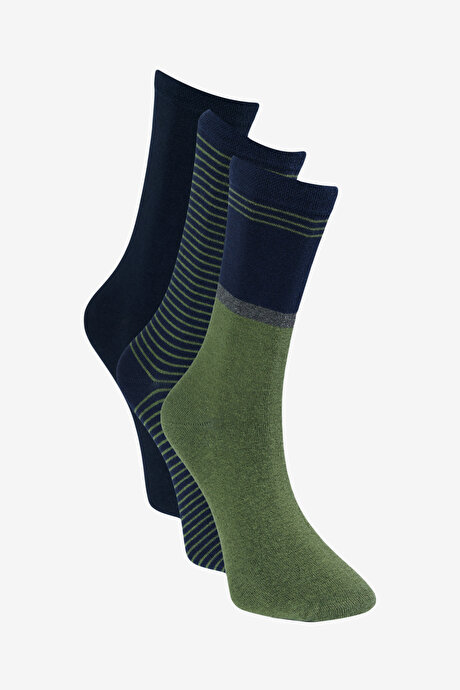 Desenli 3'lü Soket Lacivert-Yeşil Çorap resmi