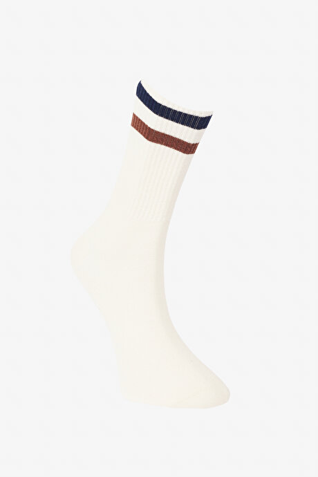 Desenli 3'lü Soket Ekru-Lacivert Çorap resmi