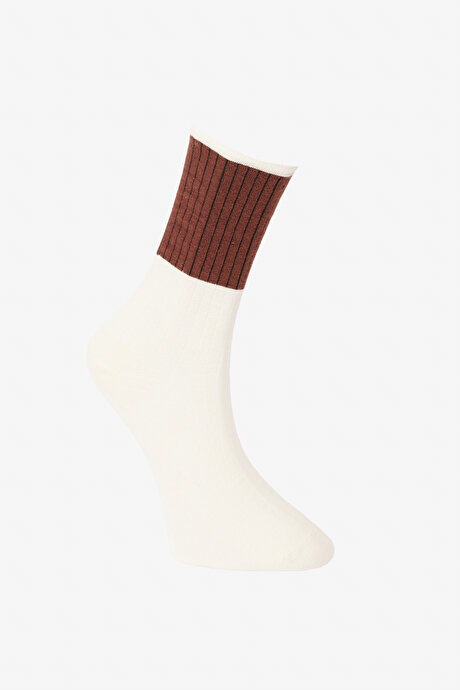 Desenli 3'lü Soket Ekru-Lacivert Çorap resmi