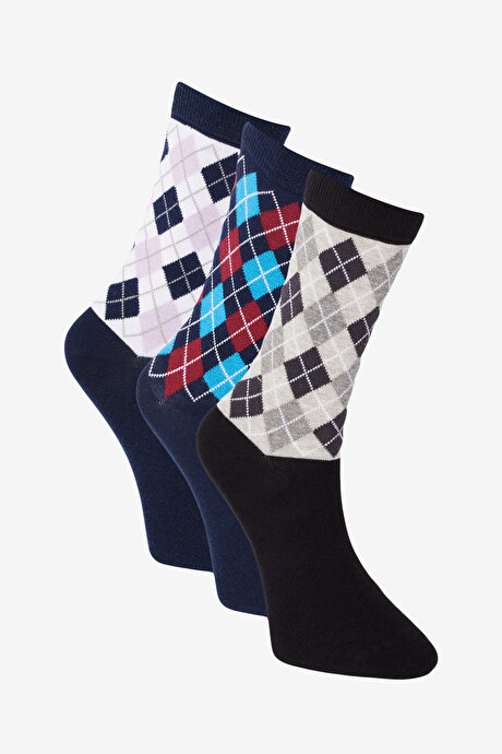 Pamuklu Desenli 3'lü Soket Lacivert-Gri Çorap resmi