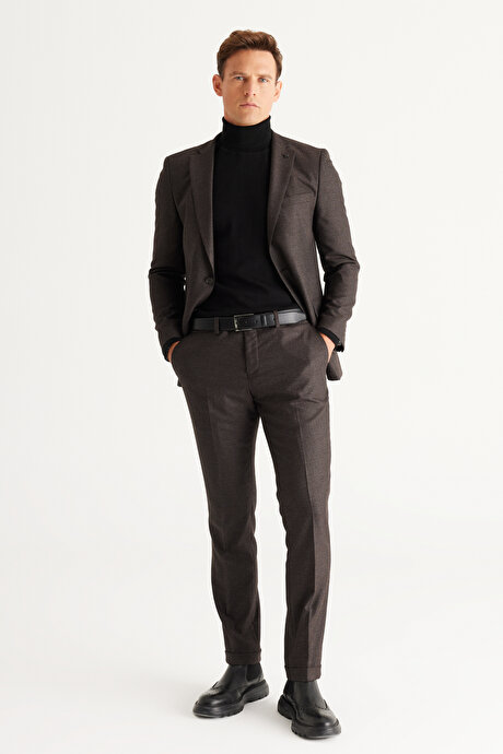 Slim Fit Dar Kesim Mono Yaka Desenli Kahve-Gri Takım Elbise resmi