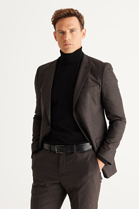 Slim Fit Dar Kesim Mono Yaka Desenli Kahve-Gri Takım Elbise resmi