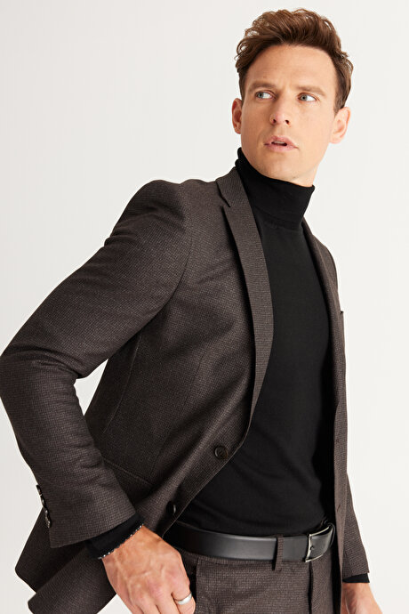 Slim Fit Dar Kesim Mono Yaka Desenli Kahve-Gri Takım Elbise resmi