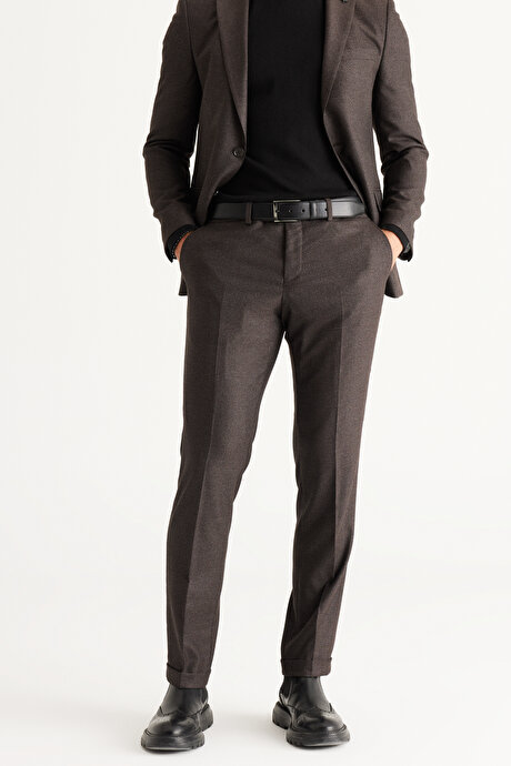 Slim Fit Dar Kesim Mono Yaka Desenli Kahve-Gri Takım Elbise resmi