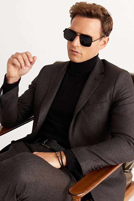 Slim Fit Dar Kesim Mono Yaka Desenli Kahve-Gri Takım Elbise resmi