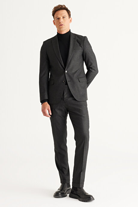 Slim Fit Kırlangıç Yaka Desenli Siyah-Gri Takım Elbise resmi