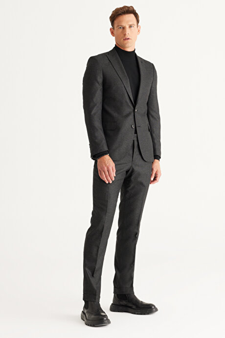 Slim Fit Kırlangıç Yaka Desenli Siyah-Gri Takım Elbise resmi