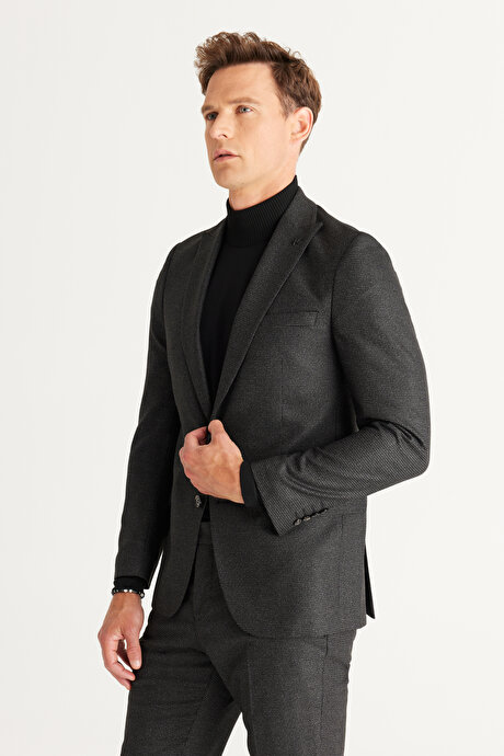 Slim Fit Kırlangıç Yaka Desenli Siyah-Gri Takım Elbise resmi
