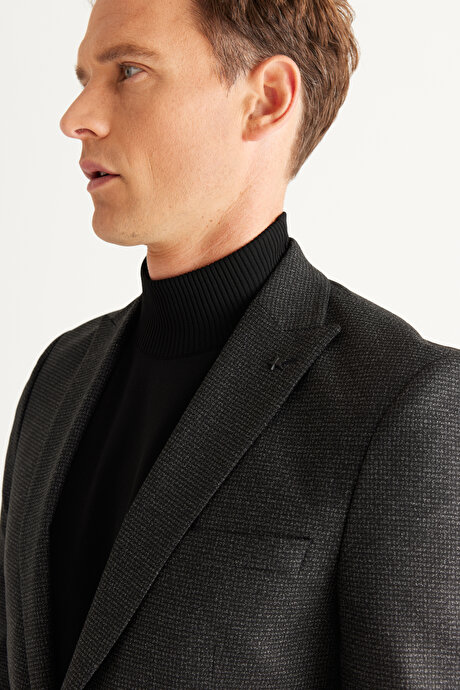 Slim Fit Kırlangıç Yaka Desenli Siyah-Gri Takım Elbise resmi