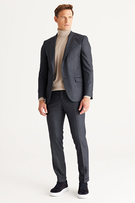 Slim Fit Dar Kesim Kırlangıç Yaka Desenli Lacivert-Gri Takım Elbise resmi
